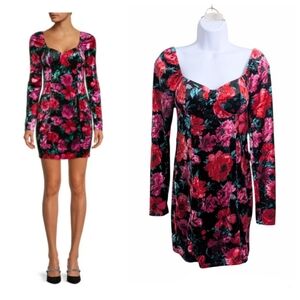 Madden NYC Women Velvet Red Pink Floral Mini Dress Bodycon Long Sleeve Slim S